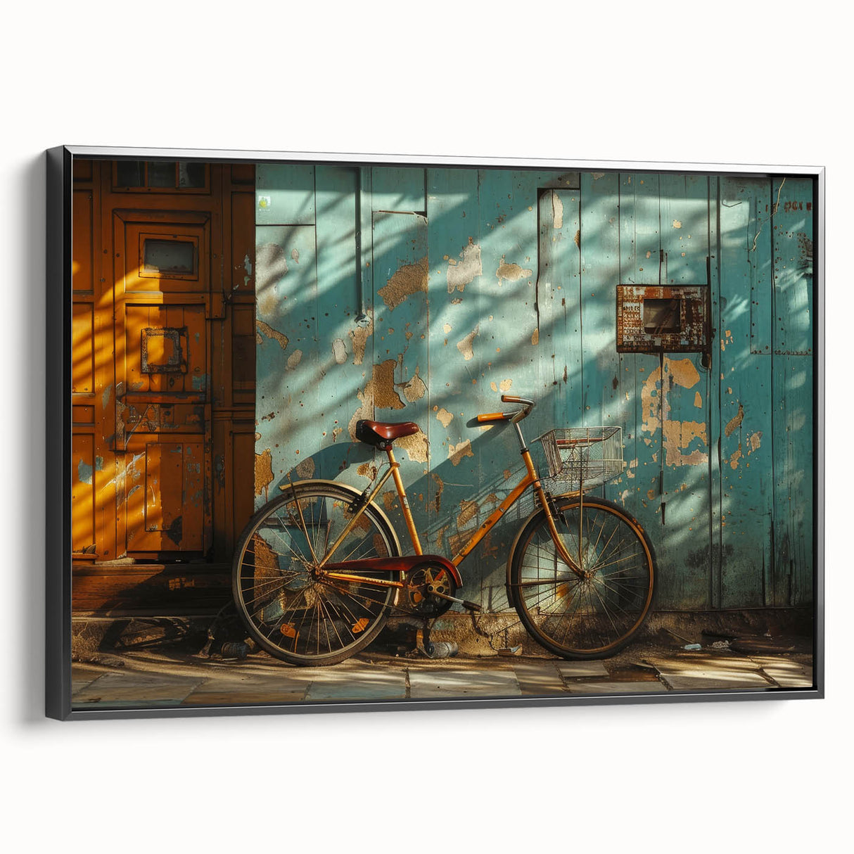 Black and white vintage poster art of a bicycle, framed canvas, ideal for bedroom wall decor.