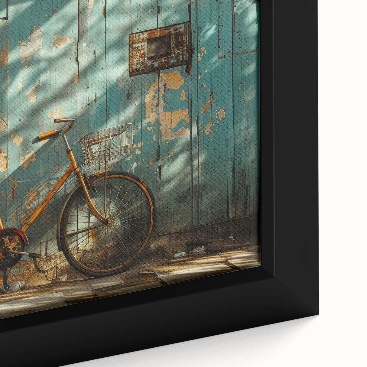 Extra large black wall art featuring a textured, colorful bicycle design on a framed canvas, ideal for living room decor.
