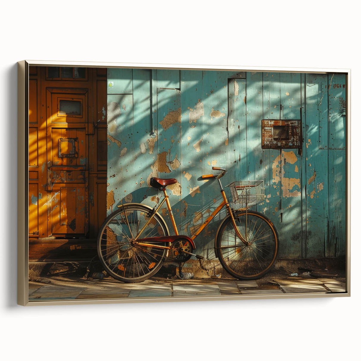 Framed canvas featuring a vintage-style bicycle on a black background, ideal for bedroom wall art.