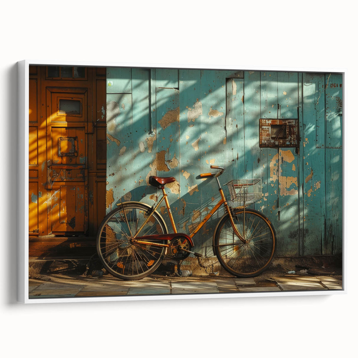 Vintage poster art of a bicycle on framed canvas, featuring a black background with colorful accents.