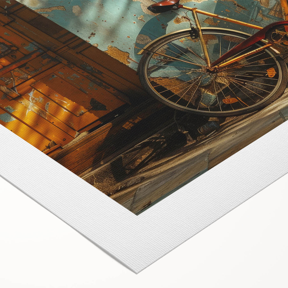 Art deco poster featuring a vintage bicycle in muted gold and black tones, printed on rolled canvas.