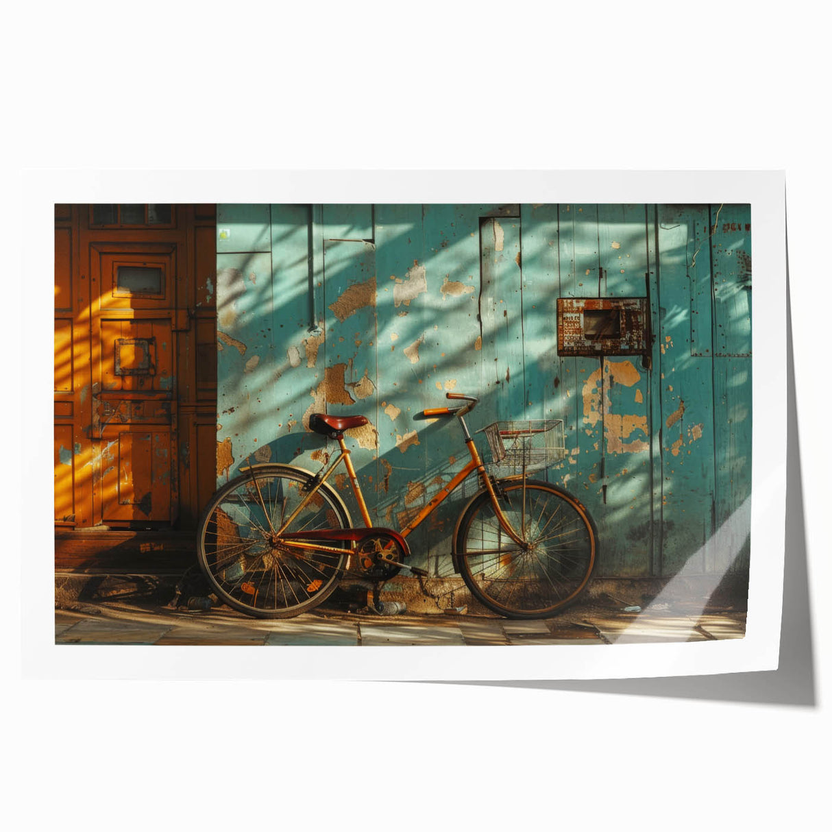 Vintage bicycle with floral basket on a rolled print, featuring muted earth tones, ideal for art wall dining room.