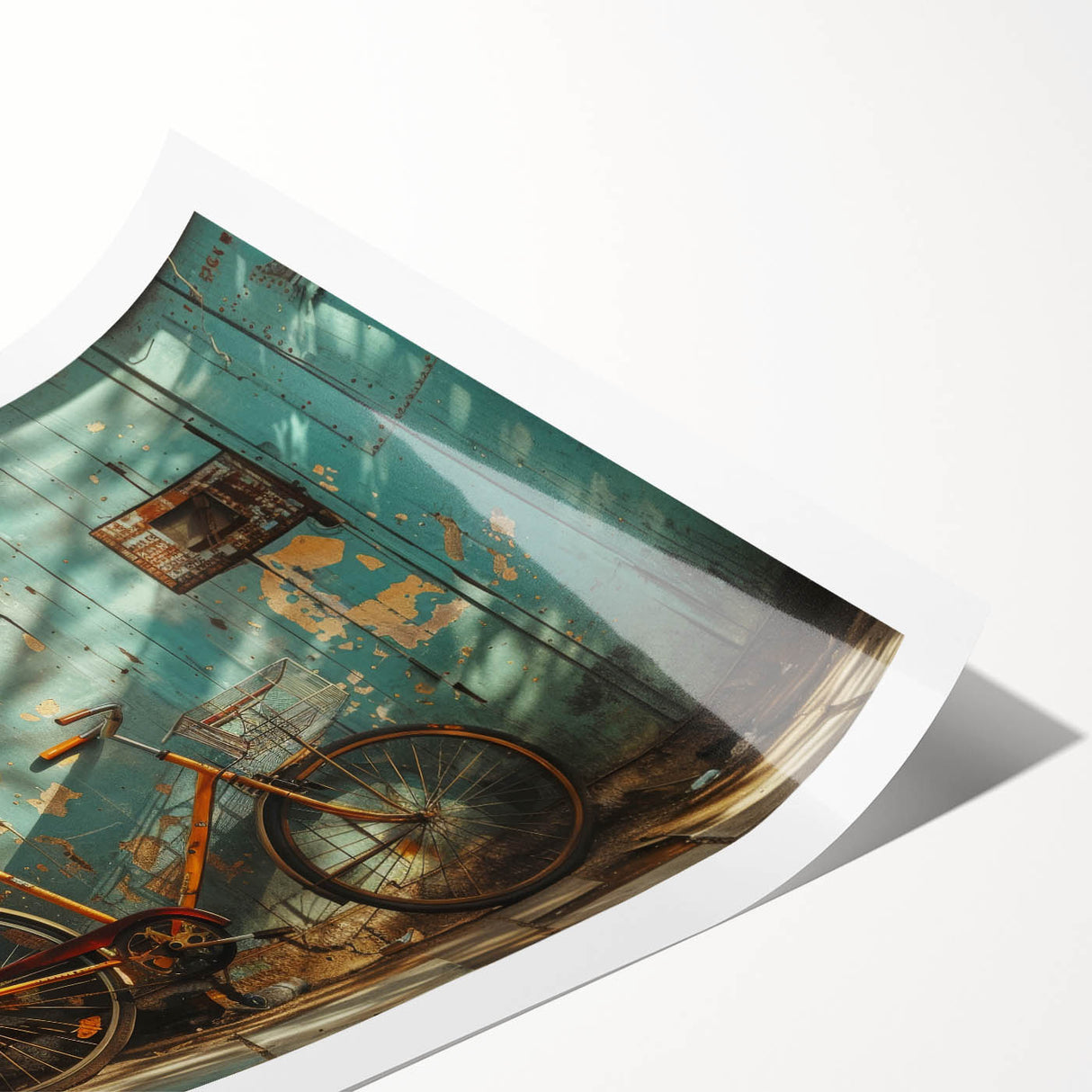 Extra large wall art featuring line art flowers and a bicycle, in muted colors on rolled print.