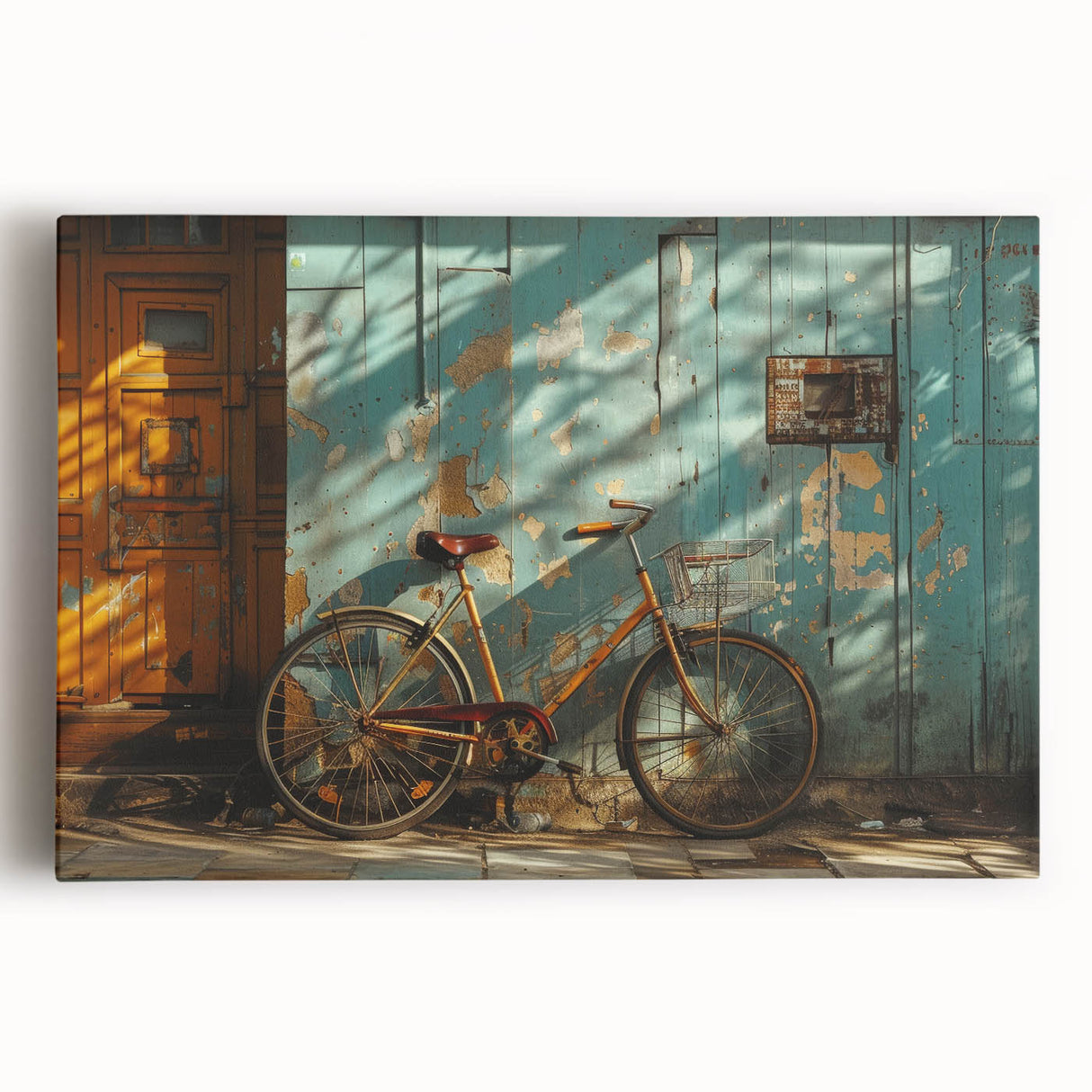 Black and white photographic print of a vintage bicycle on stretched canvas, ideal for kitchen wall art.
