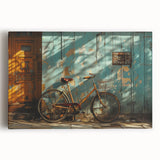 Black and white photographic print of a vintage bicycle on stretched canvas, ideal for kitchen wall art.