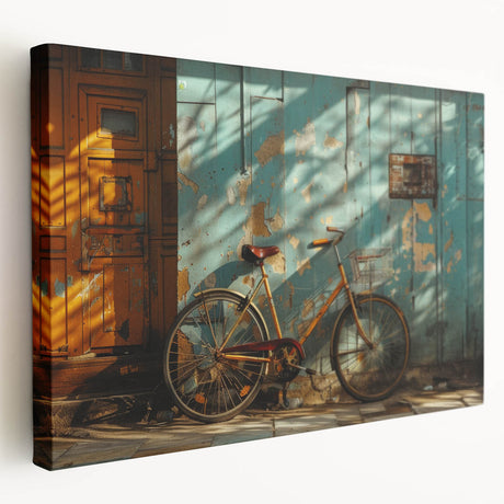 Side view of a vintage bicycle on a large stretched canvas in muted earth tones, ideal for kitchen wall art.