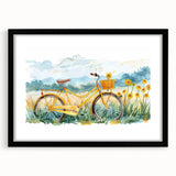 Extra large abstract art print of a bicycle in vibrant colors on textured canvas, framed in black.