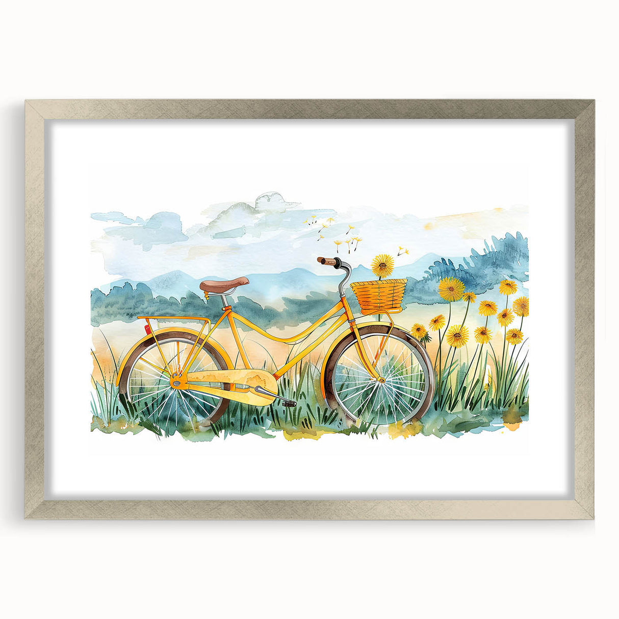Abstract art print of a stylized bicycle in silver and gray tones on a framed poster.