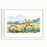 Extra large abstract art print featuring a textured depiction of bicycles in muted earth tones, framed in white.