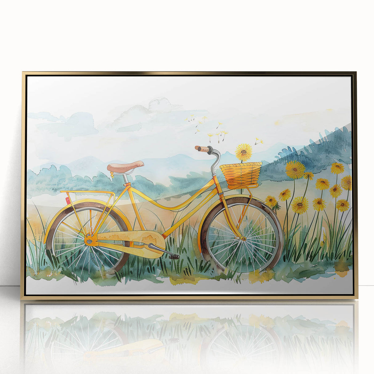 Mid-century modernist art of a bicycle in gold and black tones, framed acrylic print, ideal for nursery wall decor.