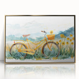 Mid-century modernist art of a bicycle in gold and black tones, framed acrylic print, ideal for nursery wall decor.