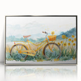 Mid-century modernist art of a bicycle in muted gray and silver tones, acrylic print framed in silver.
