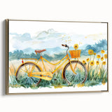 Framed canvas of a vintage black bicycle on a muted landscape background, ideal for bedroom wall art.
