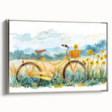 Vintage poster art of a bicycle in black and colorful tones on a framed canvas, ideal for decorating a home office.