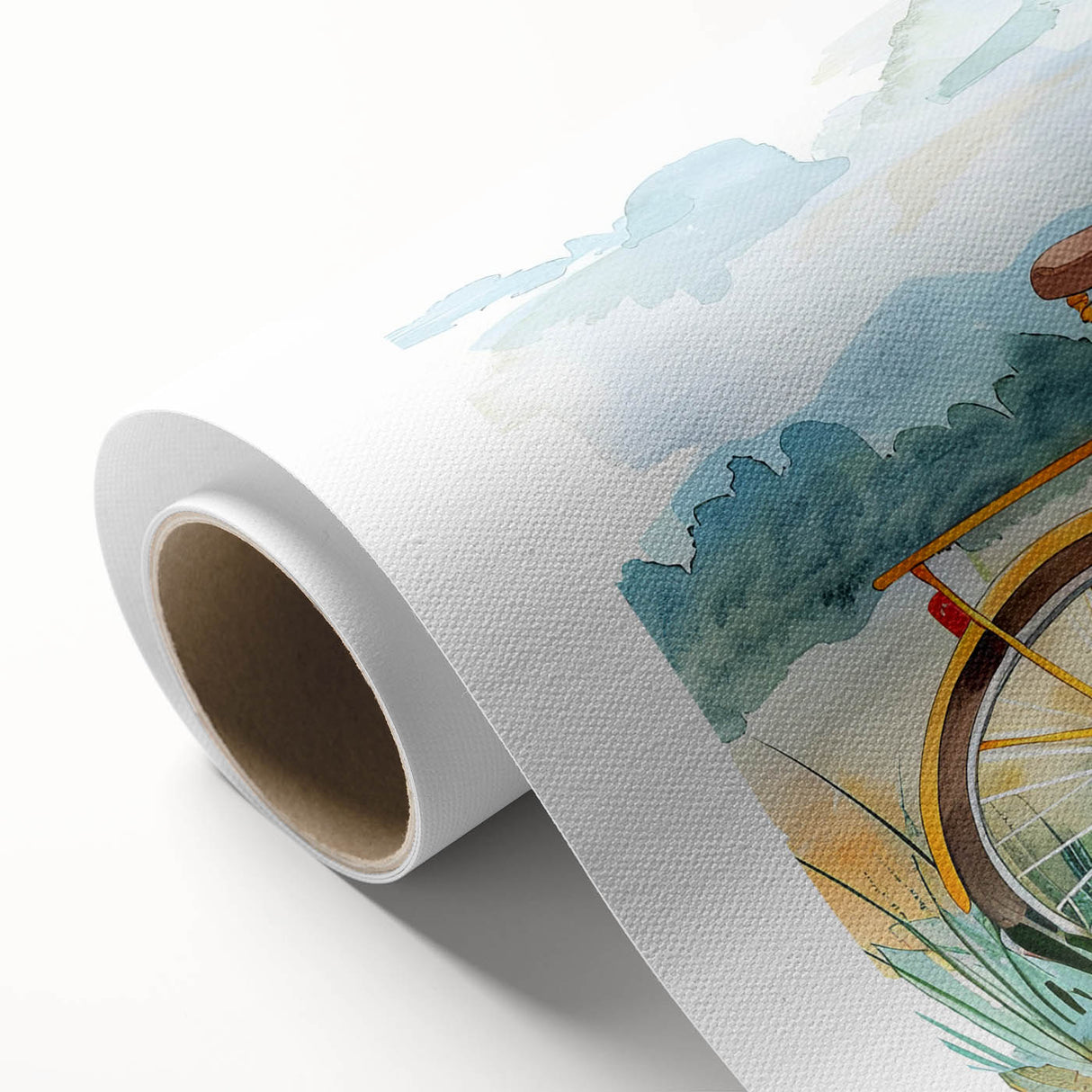 Art deco poster of a bicycle in pastel shades on rolled canvas, ideal for nursery wall art.