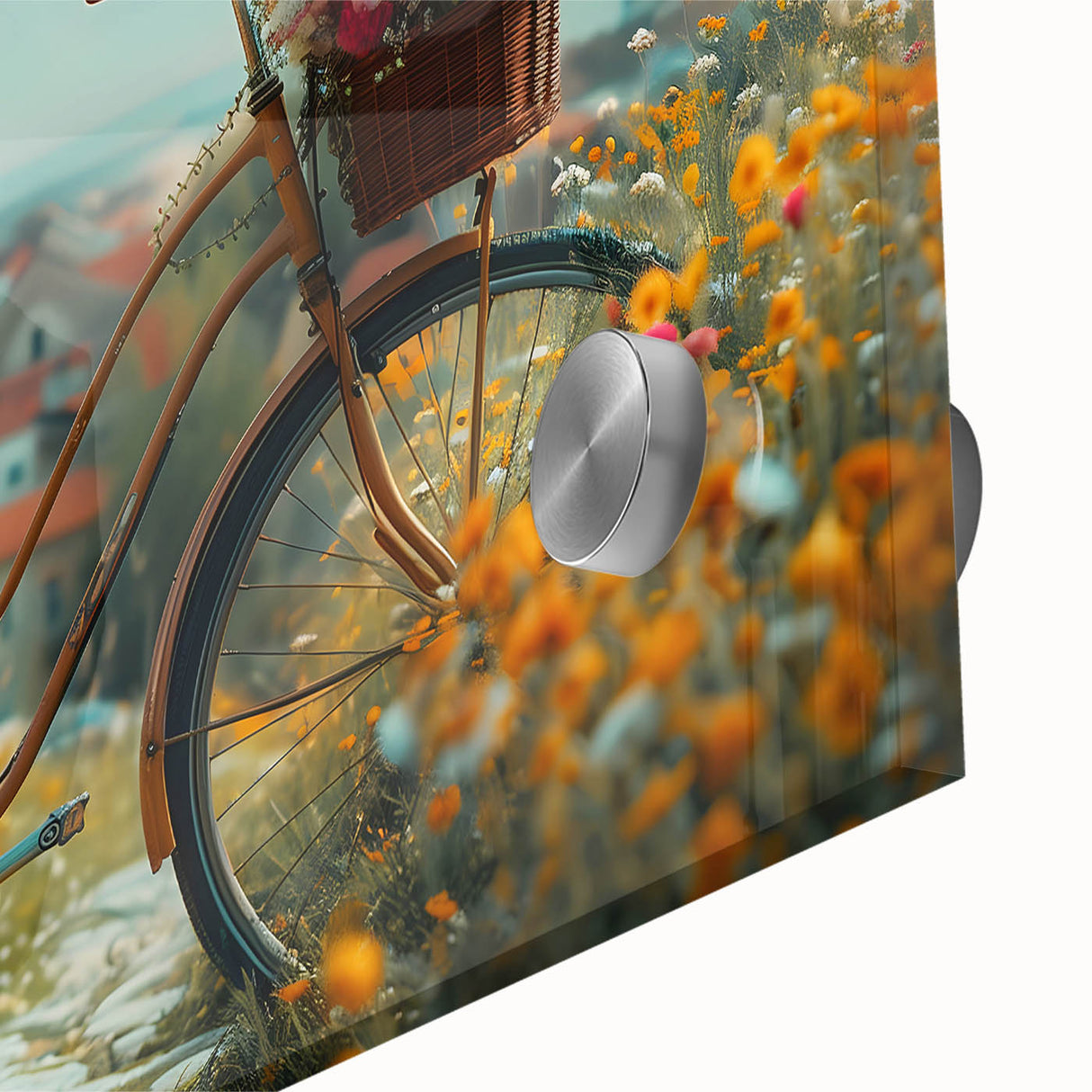 Mid-century modernist art featuring a large abstract bicycle design in muted earth tones on acrylic glass.