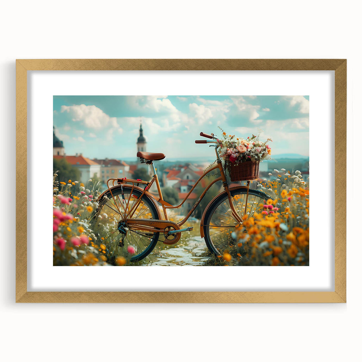 Abstract art print of a bicycle in gold and black tones on a framed canvas, suitable for bedroom or dining room decor.