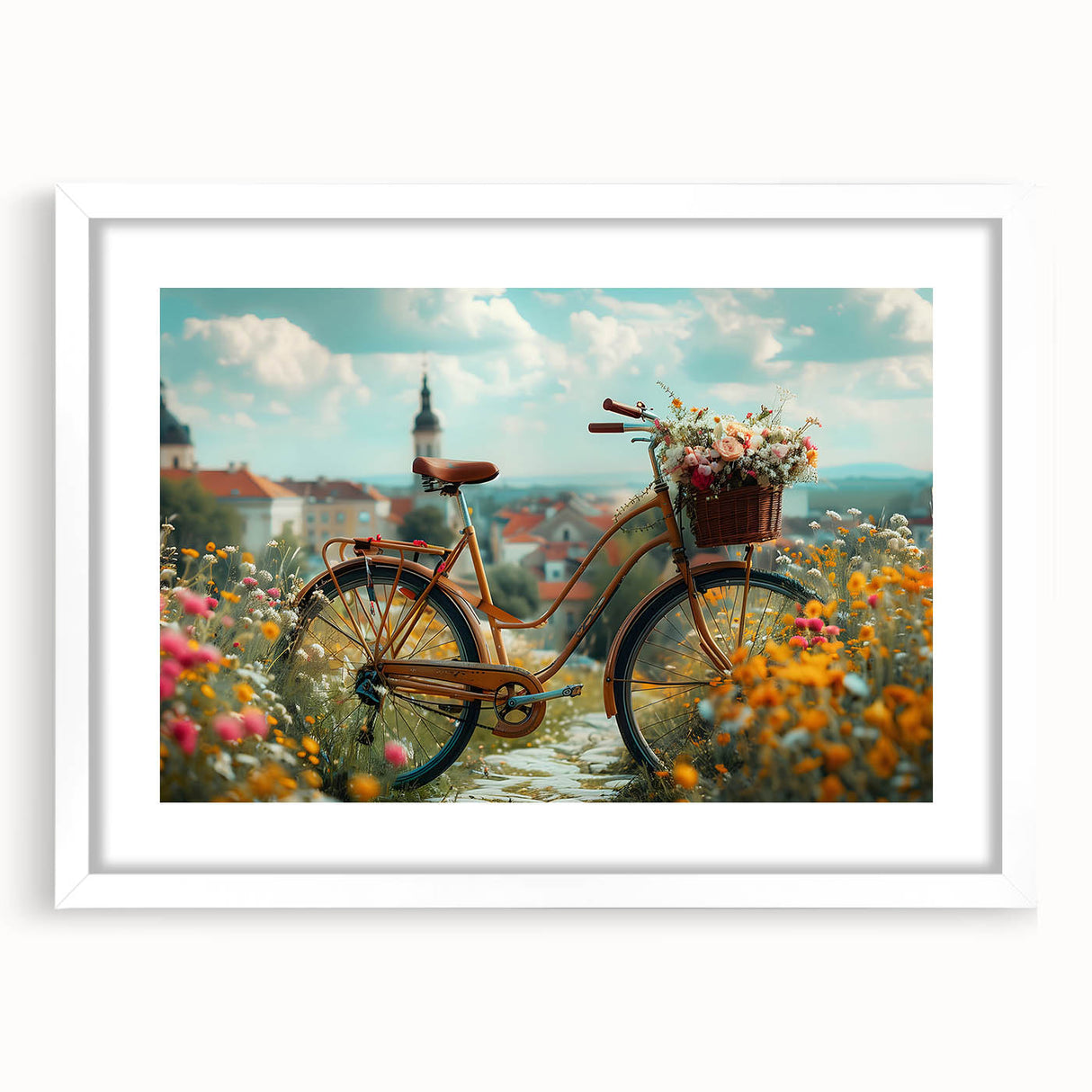 Extra large abstract art print featuring a textured bicycle design in neutral tones, framed with a white mat.