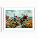 Extra large abstract art print featuring a textured bicycle design in neutral tones, framed with a white mat.