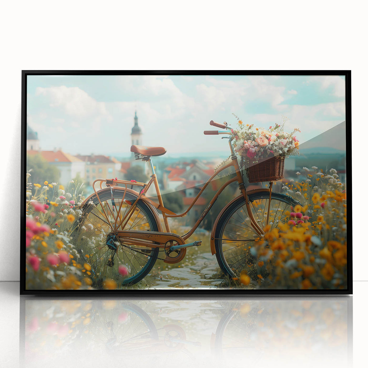 Large abstract wall art featuring a bicycle in black and white tones, acrylic print in a black frame.
