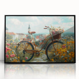 Large abstract wall art featuring a bicycle in black and white tones, acrylic print in a black frame.