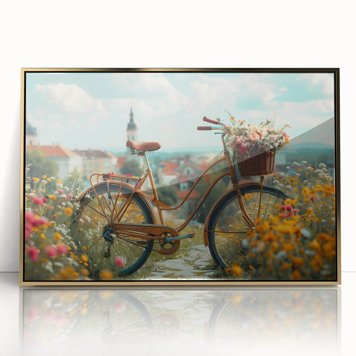 Mid-century modernist acrylic print of a vintage bicycle in neutral tones, ideal for nursery wall decor.