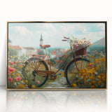 Mid-century modernist acrylic print of a vintage bicycle in neutral tones, ideal for nursery wall decor.