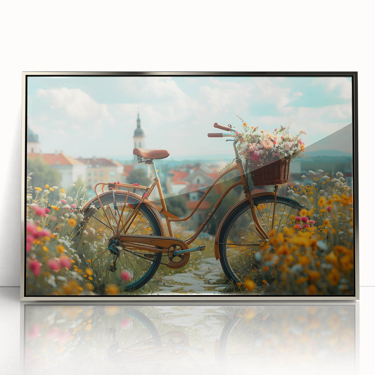 Mid-century modernist art featuring a bicycle in muted earth tones on a framed acrylic, ideal for nursery wall art.