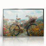 Mid-century modernist art featuring a bicycle in muted earth tones on a framed acrylic, ideal for nursery wall art.