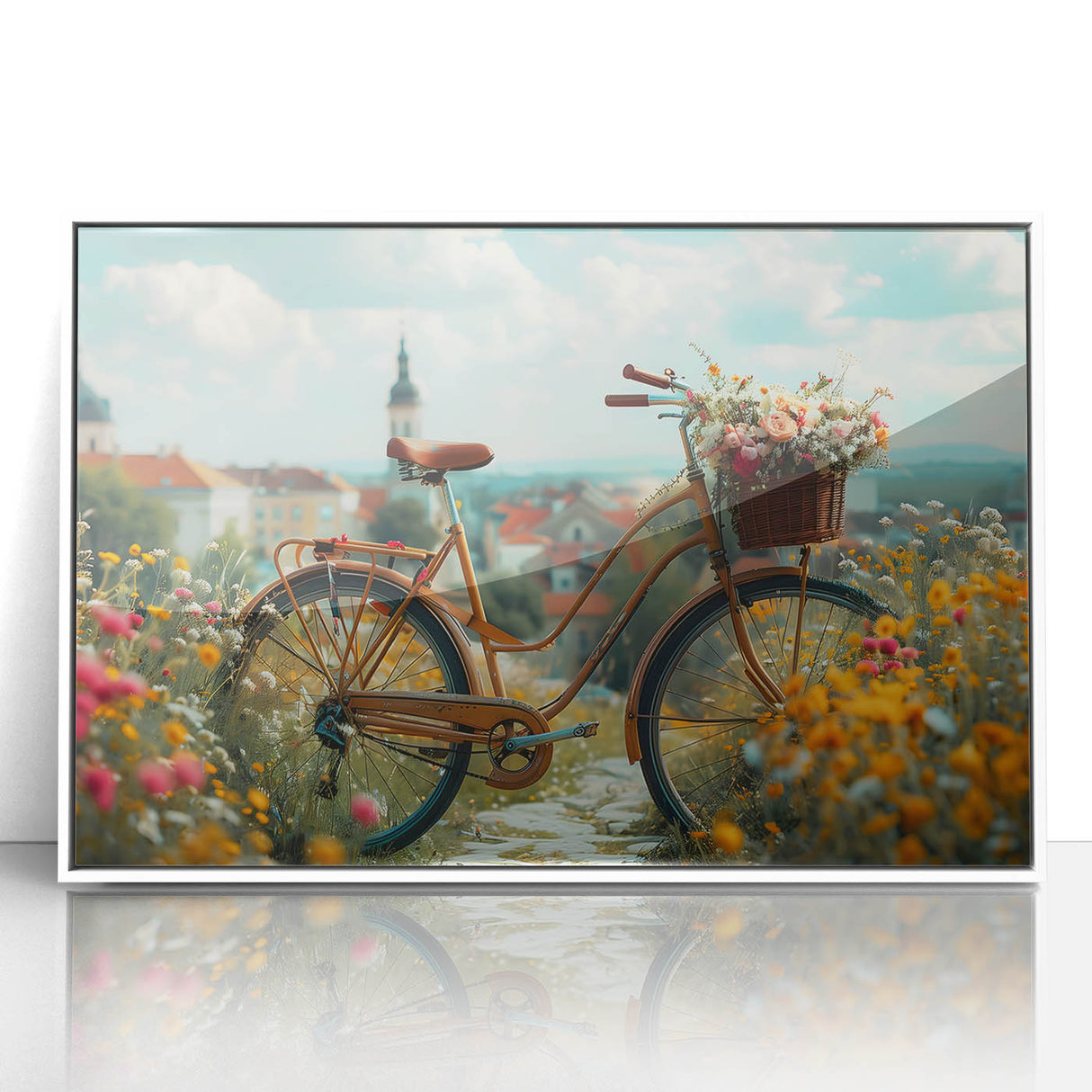 Art deco poster featuring a vintage bicycle, rendered in muted earth tones on a framed acrylic print.