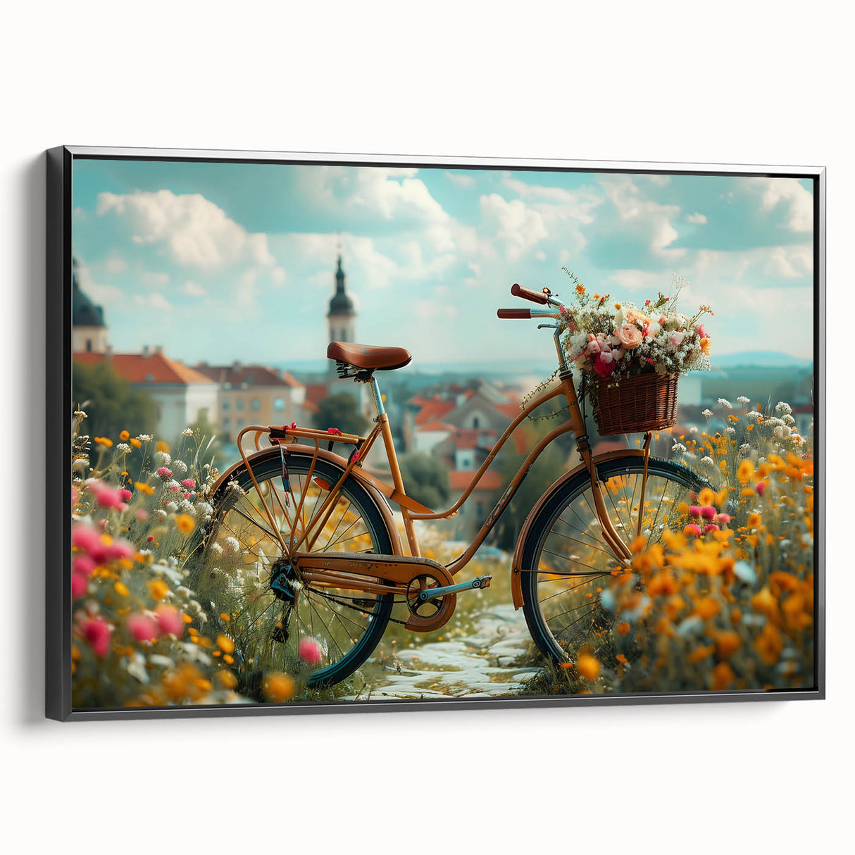 Black and white vintage poster art of a bicycle on a framed canvas, ideal for bedroom wall decor.