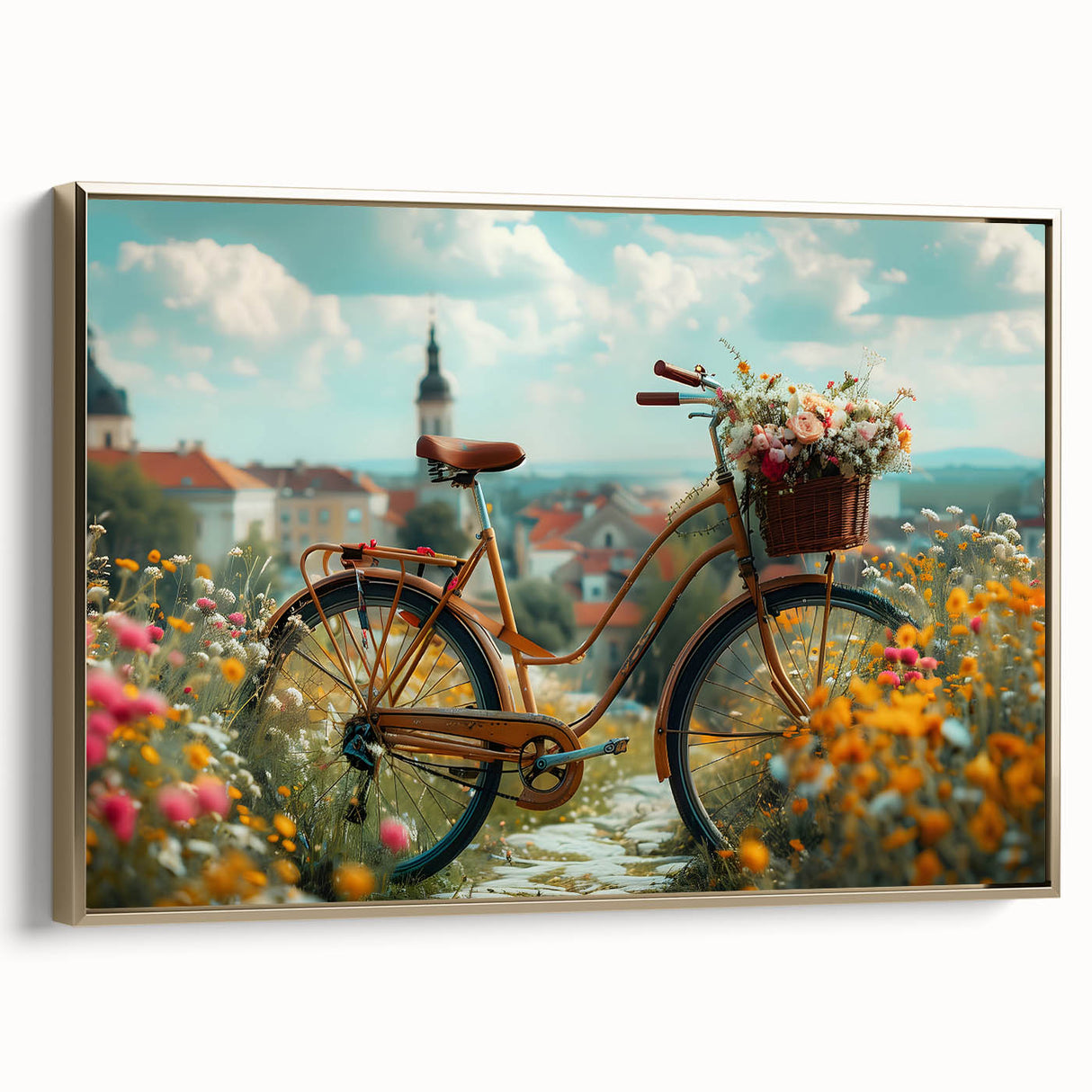 Vintage poster art of a black bicycle on a muted gold background, framed canvas, ideal for bedroom wall decor.