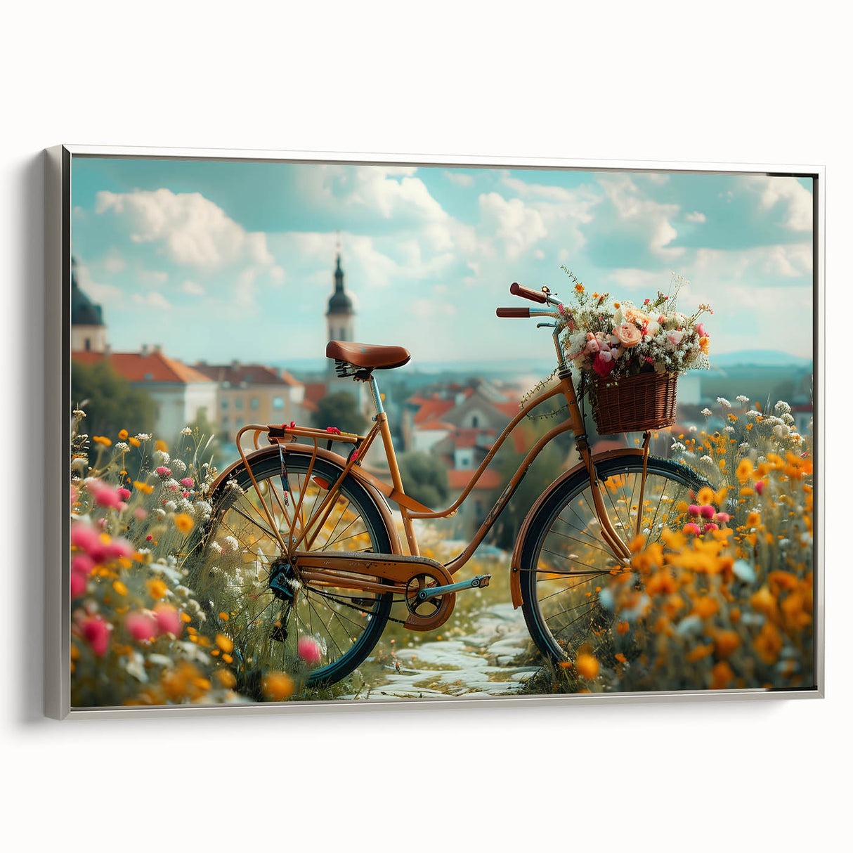 Vintage poster art of a bicycle in black and colorful tones on a silver-framed canvas, ideal for living room decor.