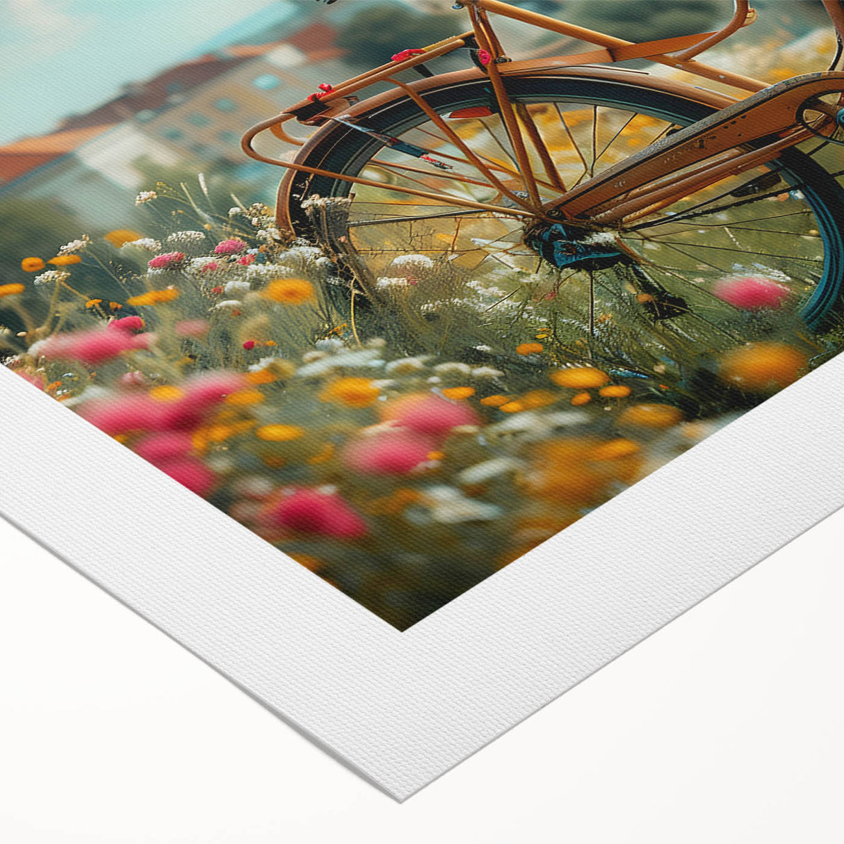 Art deco poster of a vintage bicycle in muted sepia tones, printed on rolled canvas, suitable for dining room decor.