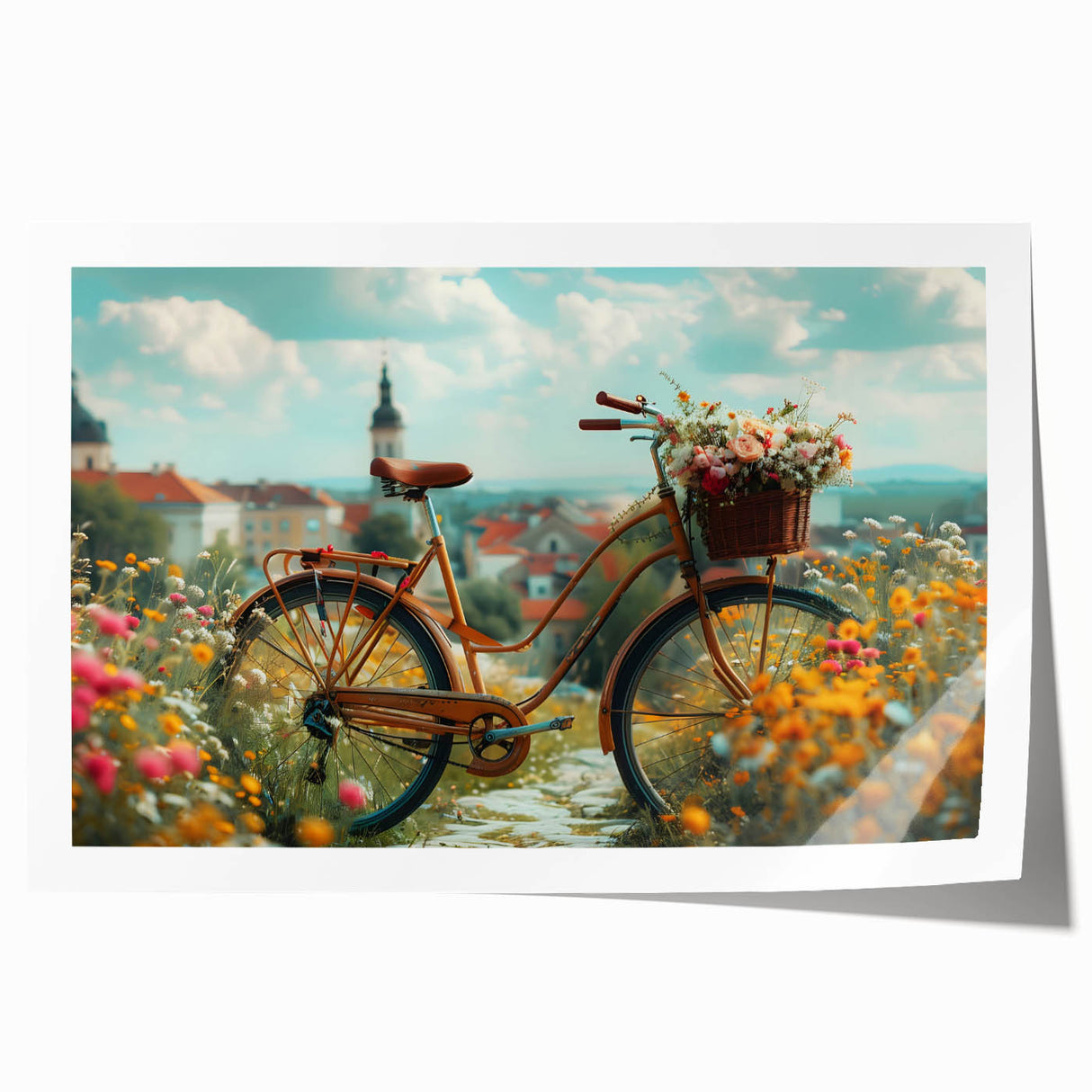 Vintage-style bicycle illustration in muted earth tones on rolled print, suitable for art wall dining room.