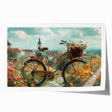 Vintage-style bicycle illustration in muted earth tones on rolled print, suitable for art wall dining room.