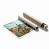Extra large rolled print of a vintage bicycle with floral accents in muted earth tones, ideal for classy bathroom wall art.