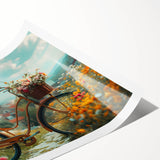 Extra large wall art featuring a line art bicycle with floral accents in black and white, printed on rolled canvas.
