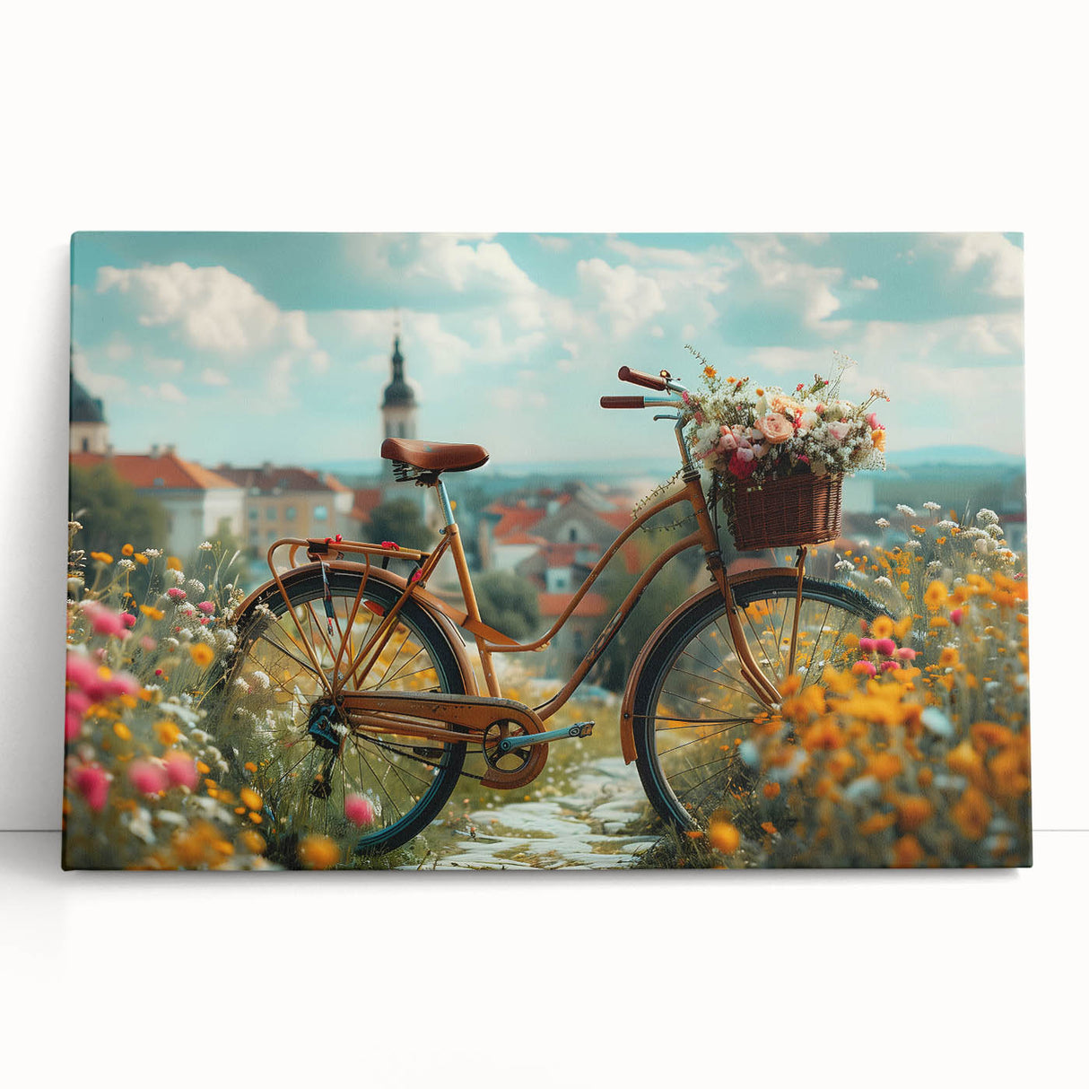 Black and white photo of a vintage bicycle on stretched canvas, ideal for kitchen wall art or bedroom ambiance.