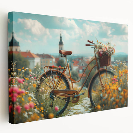 Side view of a vintage bicycle on a large stretched canvas with neutral tones, ideal for kitchen wall art.