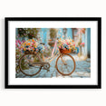 Colorful abstract bicycle art print in textured style, framed in black, ideal for living room decor.