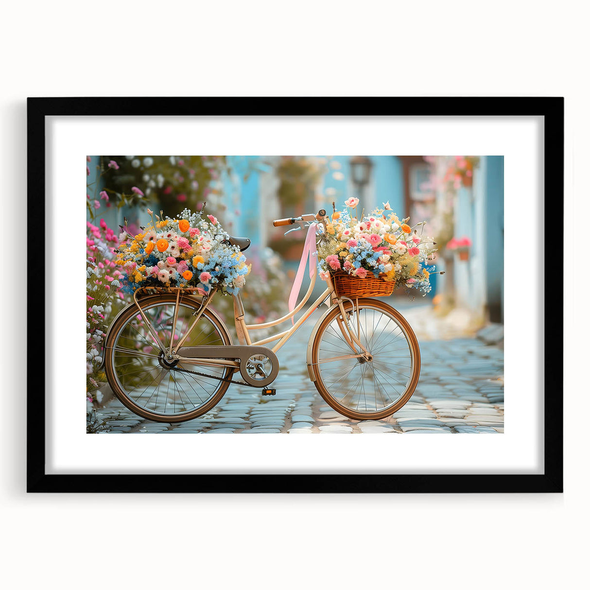 Colorful abstract bicycle art print in textured style, framed in black, ideal for living room decor.