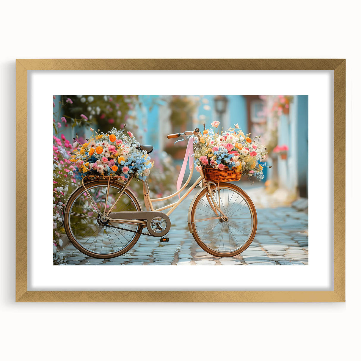 Textured art print of an abstract bicycle design in muted gold and black tones on a framed canvas.