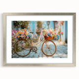 Abstract art print of a bicycle in black and white, framed in silver, ideal for modern bedroom or dining room decor.
