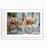 Extra large abstract art print of a bicycle in textured black and white, framed with a white mat.