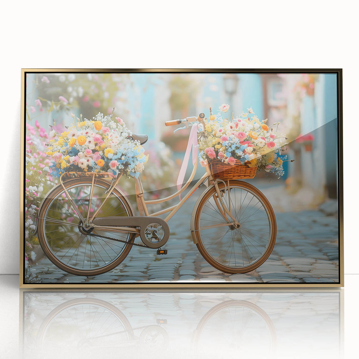 Mid-century modernist style bicycle print in muted earth tones on framed acrylic, suited for nursery wall decor.
