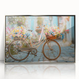 Mid-century modernist art depicting a bicycle in muted gray and silver tones on a framed acrylic.