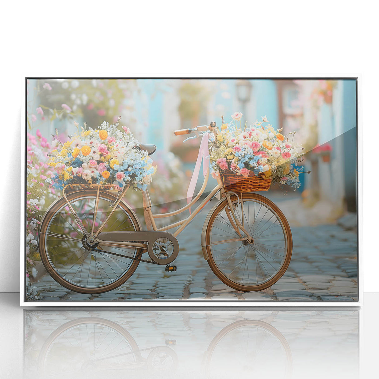 Art deco poster of a vintage bicycle in muted peach and cream tones, framed acrylic, ideal for nursery wall decor.