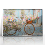 Art deco poster of a vintage bicycle in muted peach and cream tones, framed acrylic, ideal for nursery wall decor.