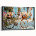 Black and white vintage poster art of a bicycle, framed canvas, ideal for bedroom wall decor.